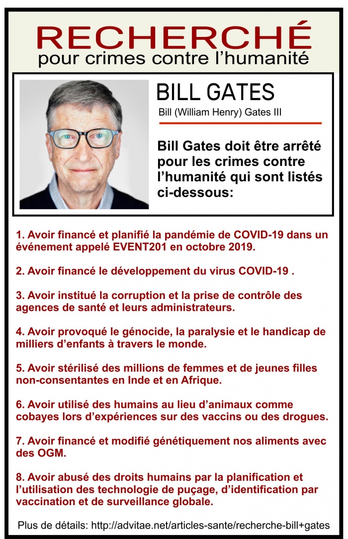 Bill Gates recherch pour atteinte aux droits humains, gnocide et crimes contre l'humanit